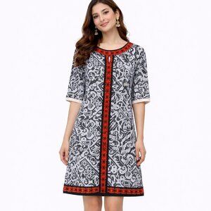 Women’s Black & White Printed Tunic Top | Red- Short Sleeve |